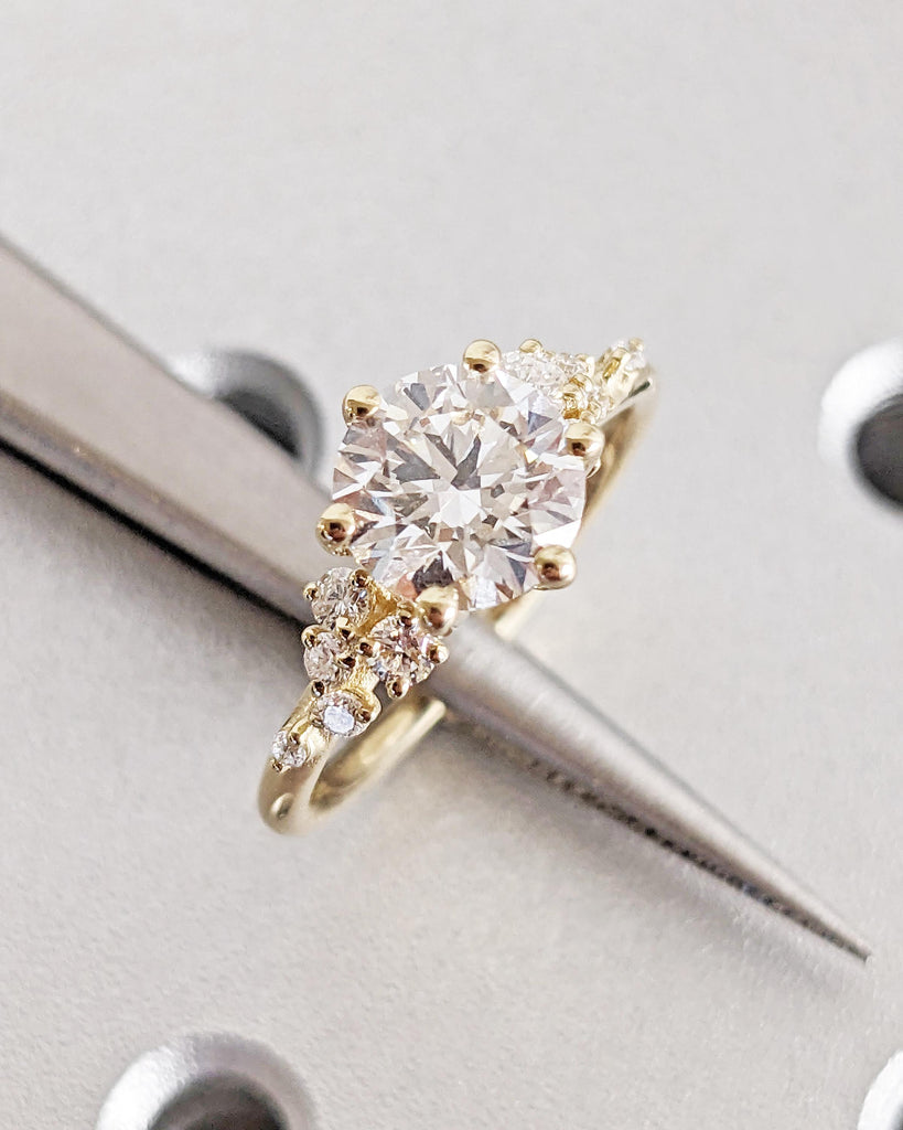 Round Lab Grown Diamond 14K Solid Gold Engagement Ring, Unique Snowdrift 6 Prong Diamond Cluster Promise Ring, Vintage Wedding Ring for Her