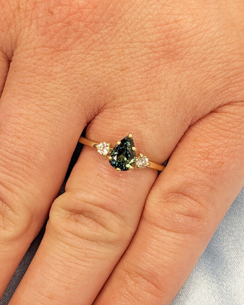 1ct Teal Green Sapphire Engagement Ring, Vintage Peacock Sapphire Pear Cut Wedding Band, Teardrop Birthstone Jewelry image #7