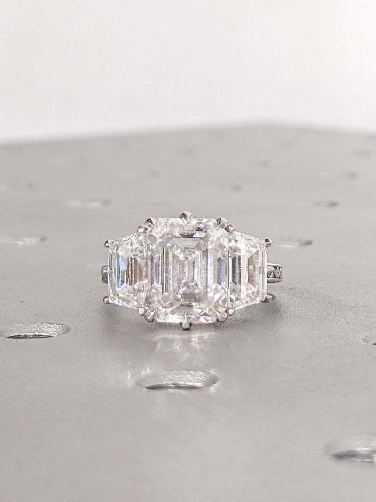 3 Carat Lab Grown Diamond Ring, 14k White Gold Engagement Rings, Emerald Cut, Trapezoid Three Stone Ring, Personalized Statement Ring image #5