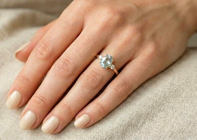 Oval Aquamarine Dainty Ring | 14k Gold Lab Aquamarine Minimalist Engagement Ring | March Birthstone Ring | Delicate Ring Gift for Her image #2