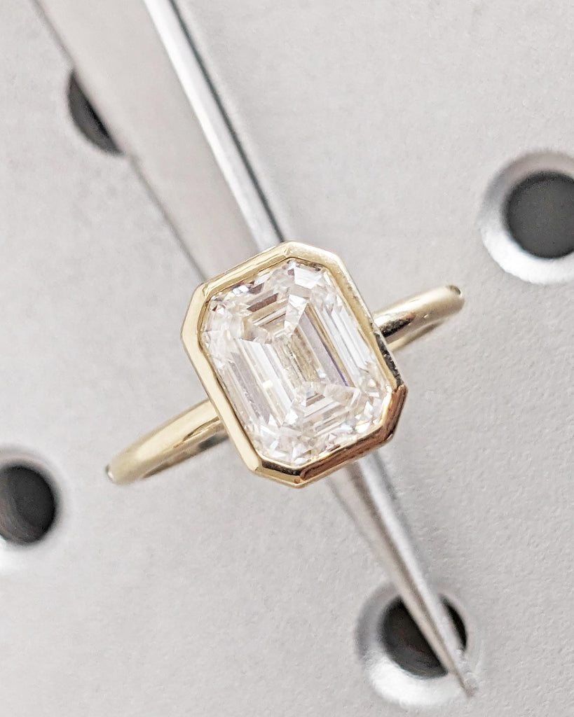 Bezel Set Emerald Cut Moissanite Engagement Ring - Emerald Cut Ring - Moissanite Engagement Ring - 14K Solid Gold Minimalist Bezel Set Ring image #3
