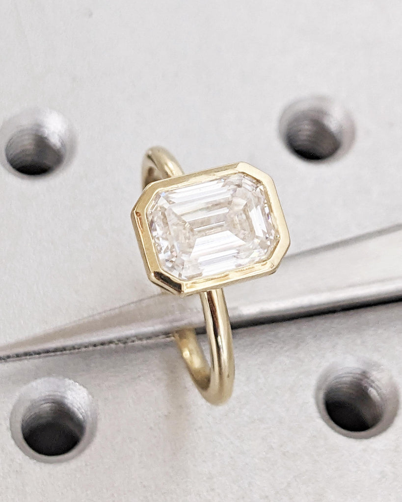 Bezel Set Emerald Cut Moissanite Engagement Ring - Emerald Cut Ring - Moissanite Engagement Ring - 14K Solid Gold Minimalist Bezel Set Ring image #8