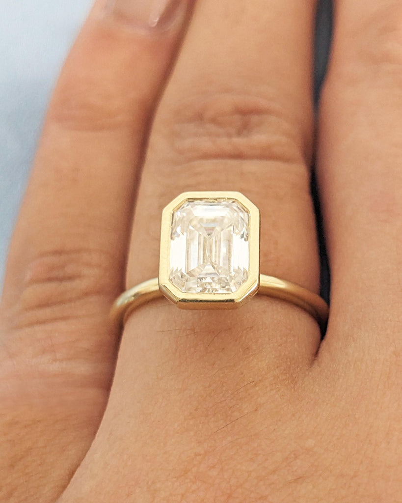 Bezel Set Emerald Cut Moissanite Engagement Ring - Emerald Cut Ring - Moissanite Engagement Ring - 14K Solid Gold Minimalist Bezel Set Ring image #10