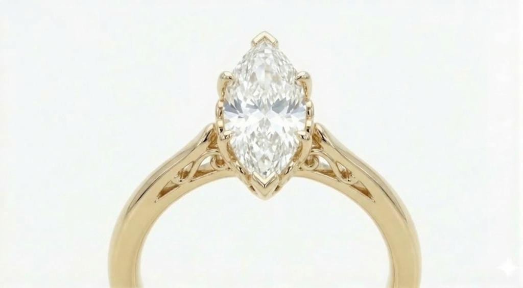 1-2ct Marquise cut Certified Lab Created Diamond Engagement Ring | 14k/18k Yellow Gold Solitaire Ring | Handmade Filigree Vintage Ring