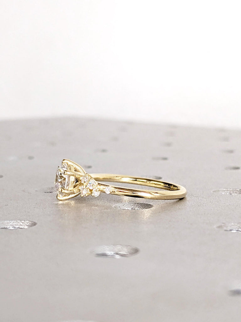 0.5-2.25ct Round Lab Grown Diamond, 14K Yellow Gold Engagement Ring, Unique Snowdrift Diamond Cluster Wedding Ring, Bridal Wedding Jewelry