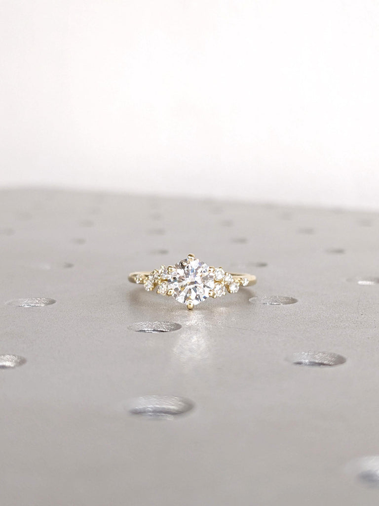 0.5-2.25ct Round Lab Grown Diamond, 14K Yellow Gold Engagement Ring, Unique Snowdrift Diamond Cluster Wedding Ring, Bridal Wedding Jewelry