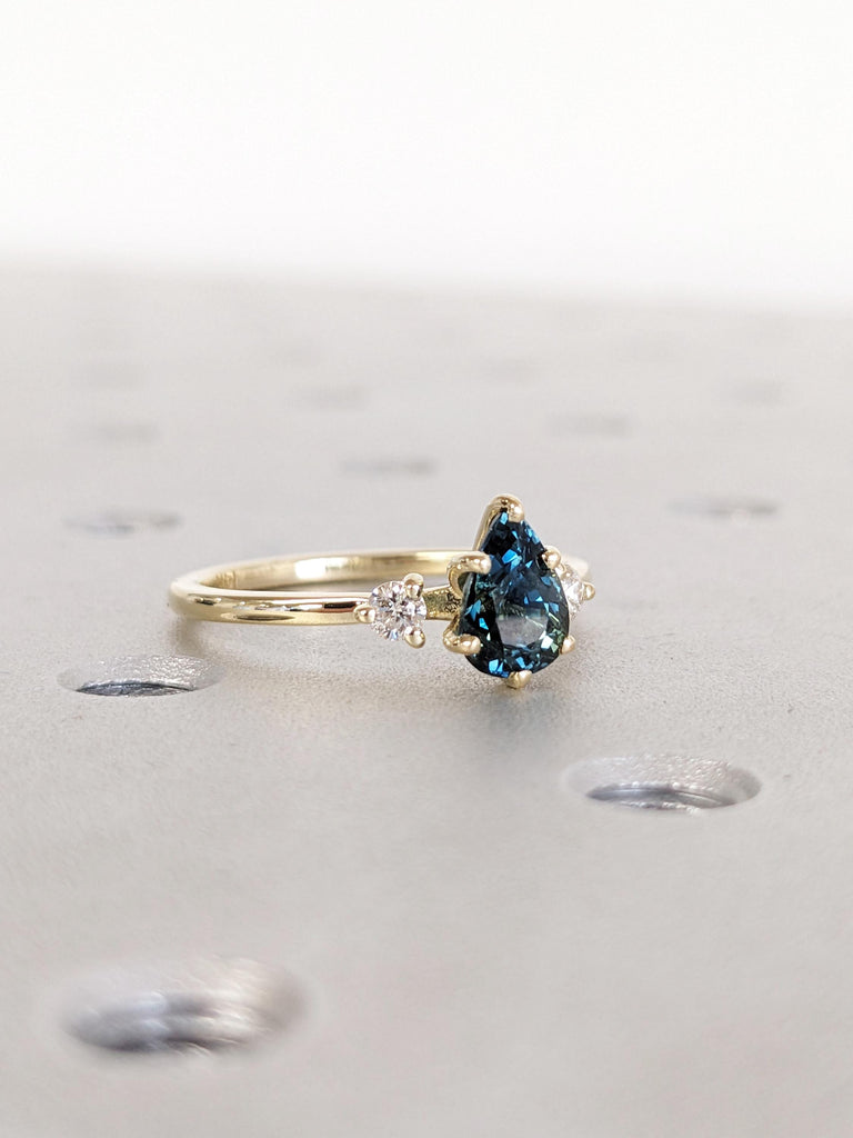 14K Yellow Gold Pear Peacock Sapphire Ring, Art Deco Teal Sapphire Engagement Ring, Three Stone Wedding Ring, Custom Gold Vintage Ring image #6
