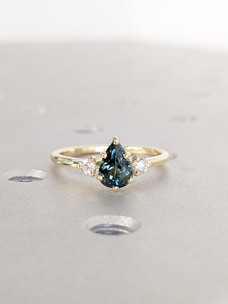 1ct Teal Green Sapphire Engagement Ring, Vintage Peacock Sapphire Pear Cut Wedding Band, Teardrop Birthstone Jewelry