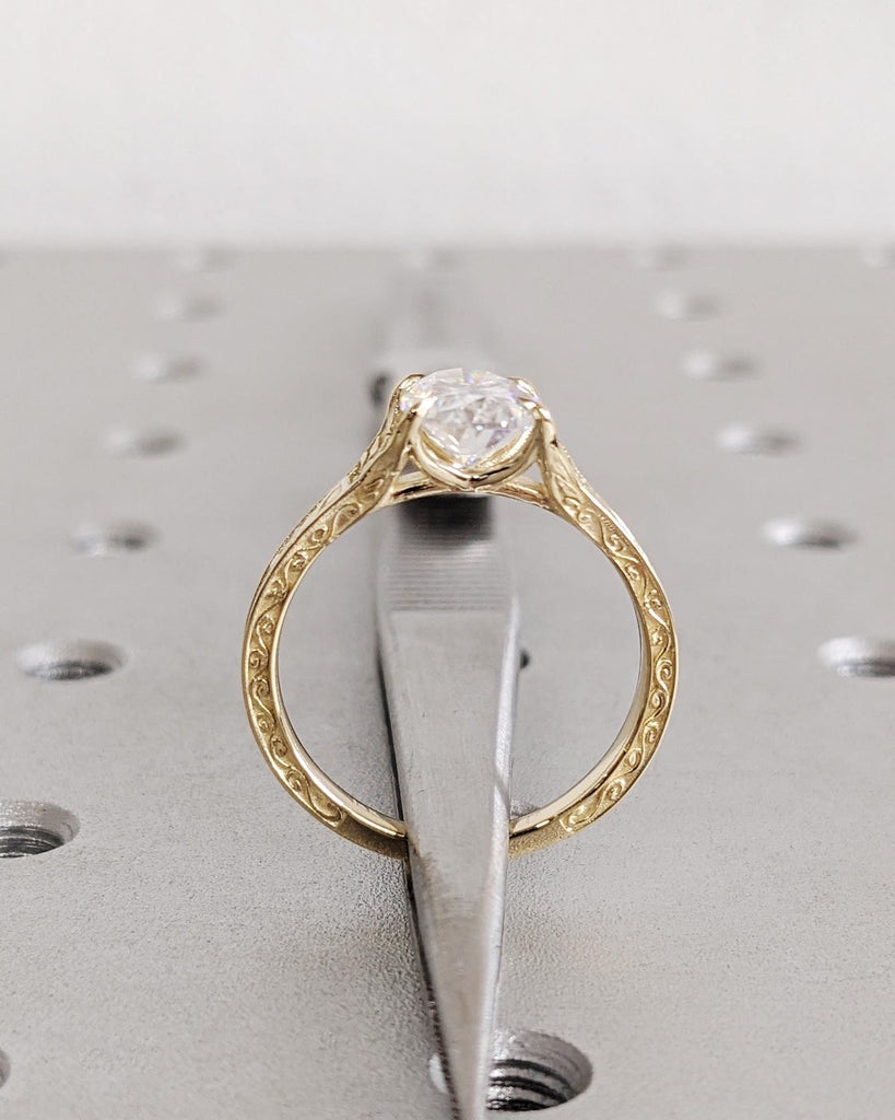 Vintage Oval Lab Diamond Engagement Ring, Custom Filigree Engraved Band, 14K Yellow Gold Talon Prong Wedding Ring image #5
