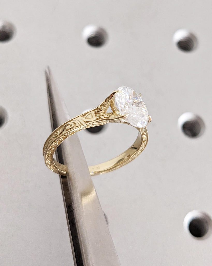 Vintage Oval Lab Diamond Engagement Ring, Custom Filigree Engraved Band, 14K Yellow Gold Talon Prong Wedding Ring image #6