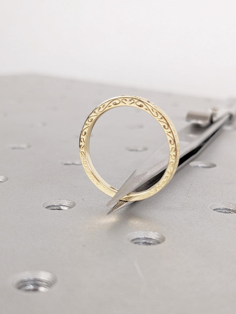 14K/18K Yellow Gold Filigree Matching Ring, Unique Sapphire Diamond Ring, Pave Diamond Wedding Band, Minimalist Ring, Woman's Stacking Rings