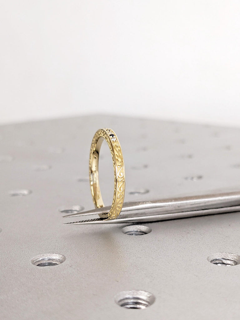 14K/18K Yellow Gold Filigree Matching Ring, Unique Sapphire Diamond Ring, Pave Diamond Wedding Band, Minimalist Ring, Woman's Stacking Rings