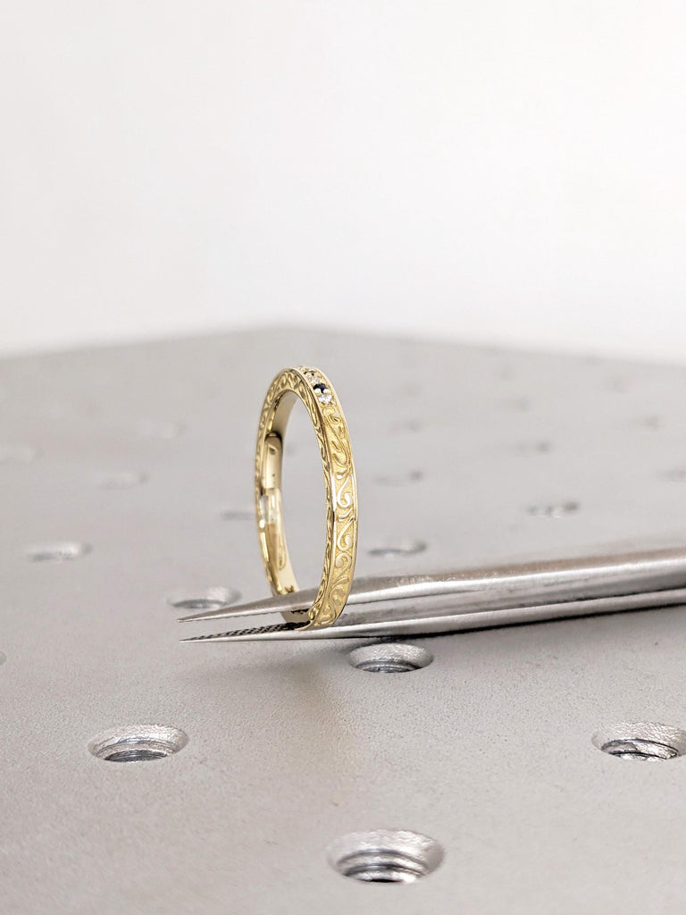 Matching Rings: Filigree 14K /18K Yellow Gold Pave Sapphire Diamond Wedding Band, Ring Stacks image #8