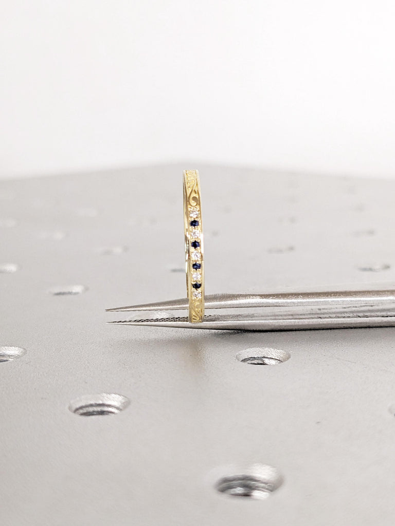 14K/18K Yellow Gold Filigree Matching Ring, Unique Sapphire Diamond Ring, Pave Diamond Wedding Band, Minimalist Ring, Woman's Stacking Rings