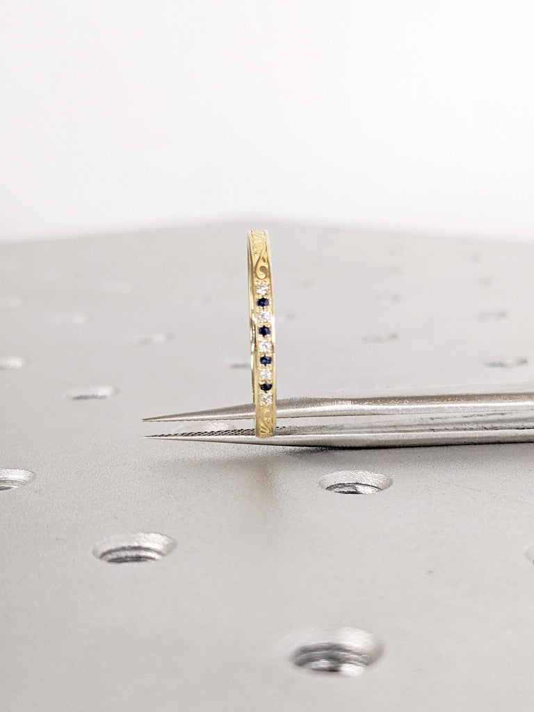 Matching Rings: Filigree 14K /18K Yellow Gold Pave Sapphire Diamond Wedding Band, Ring Stacks image #10