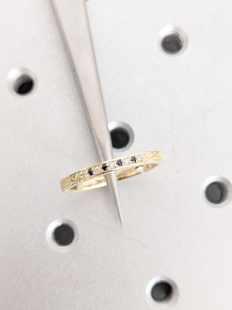 14K/18K Yellow Gold Filigree Matching Ring, Unique Sapphire Diamond Ring, Pave Diamond Wedding Band, Minimalist Ring, Woman's Stacking Rings