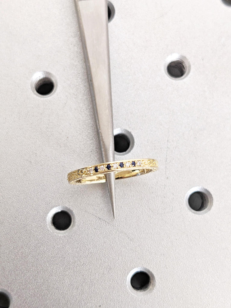 14K/18K Yellow Gold Filigree Matching Ring, Unique Sapphire Diamond Ring, Pave Diamond Wedding Band, Minimalist Ring, Woman's Stacking Rings