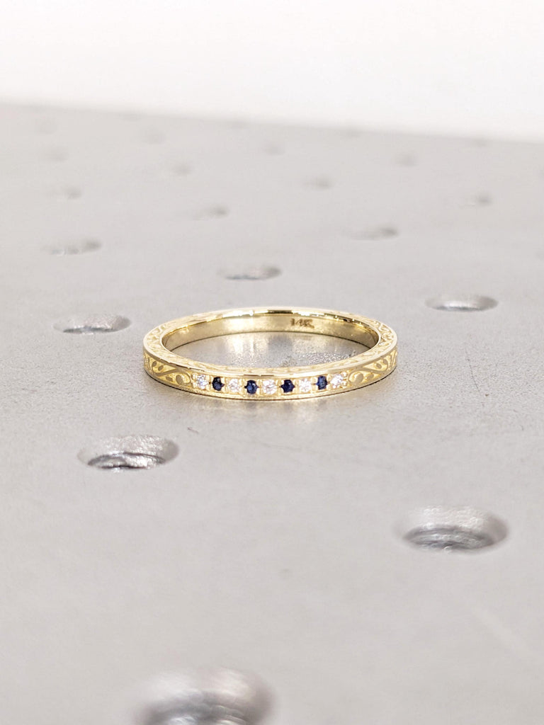 14K/18K Yellow Gold Filigree Matching Ring, Unique Sapphire Diamond Ring, Pave Diamond Wedding Band, Minimalist Ring, Woman's Stacking Rings