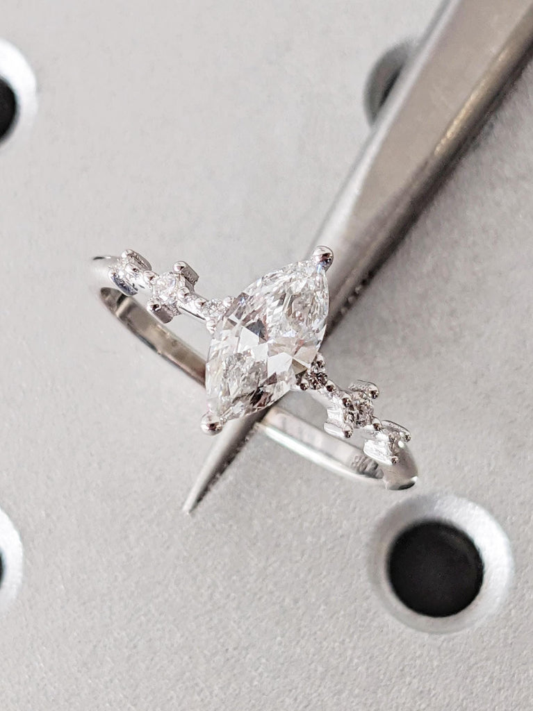 Vintage Art Deco Marquise Lab Diamond Ring, 18K White Gold Multi Stone Wedding Band, Custom Engagement Ring, Lab Grown Diamond Promise Ring image #2