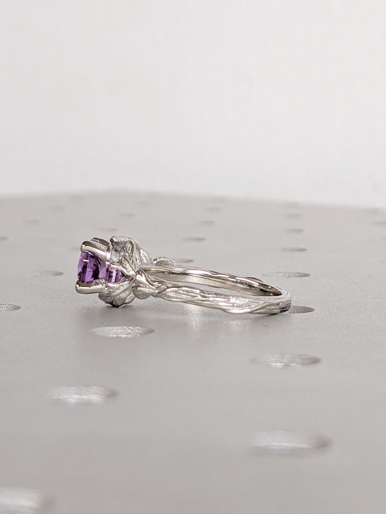 Round Alexandrite Ring, Nature Inspired Engagement Ring, Platinum Wedding Ring, Art Deco Leaf Ring, Unique Three Stone June Birthstone