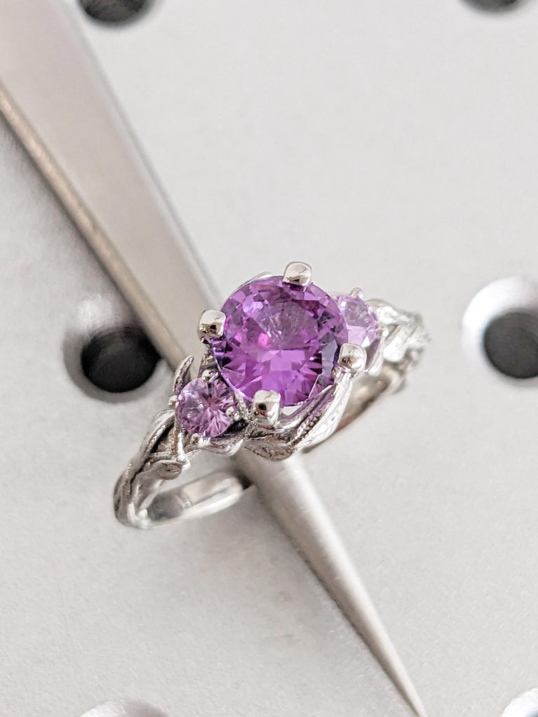 Round Alexandrite Ring, Nature Inspired Engagement Ring, Platinum Wedding Ring, Art Deco Leaf Ring, Unique Three Stone June Birthstone