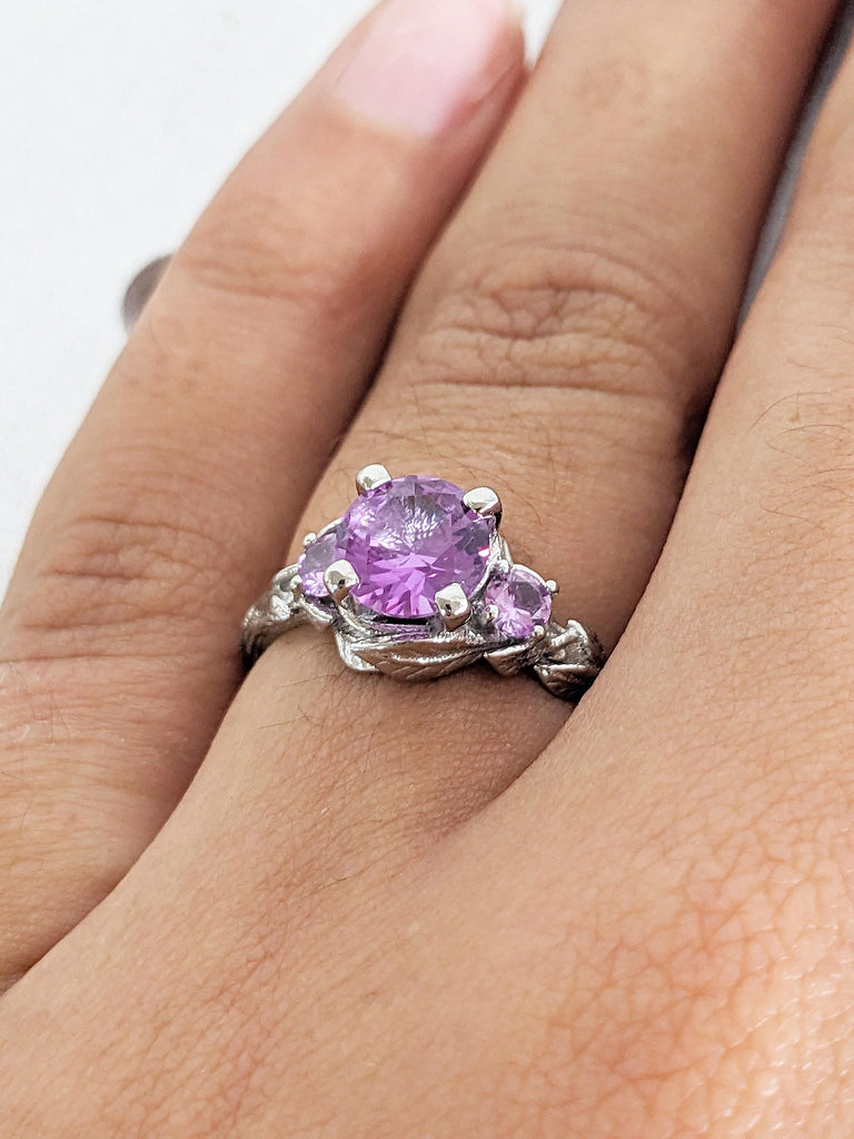 Round Alexandrite Ring, Nature Inspired Engagement Ring, Platinum Wedding Ring, Art Deco Leaf Ring, Unique Three Stone June Birthstone