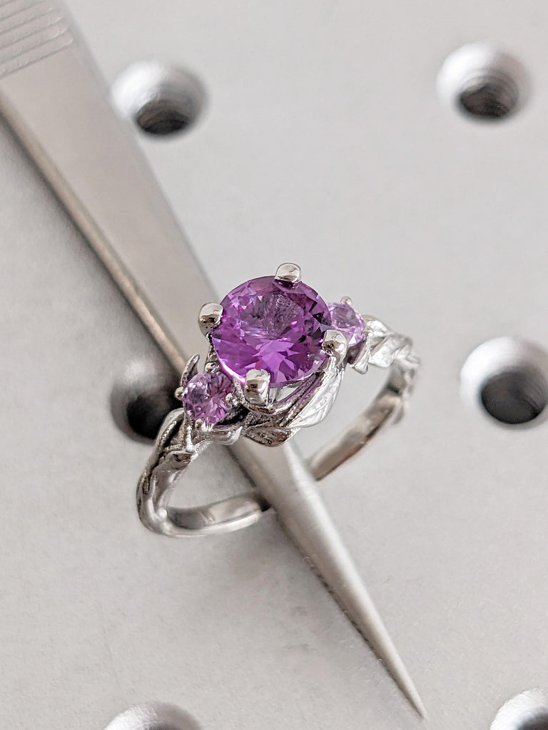 Round Alexandrite Ring, Nature Inspired Engagement Ring, Platinum Wedding Ring, Art Deco Leaf Ring, Unique Three Stone June Birthstone