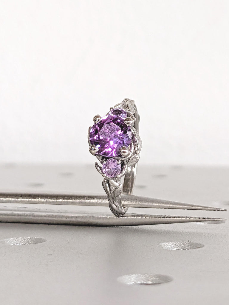 Round Alexandrite Ring, Nature Inspired Engagement Ring, Platinum Wedding Ring, Art Deco Leaf Ring, Unique Three Stone June Birthstone