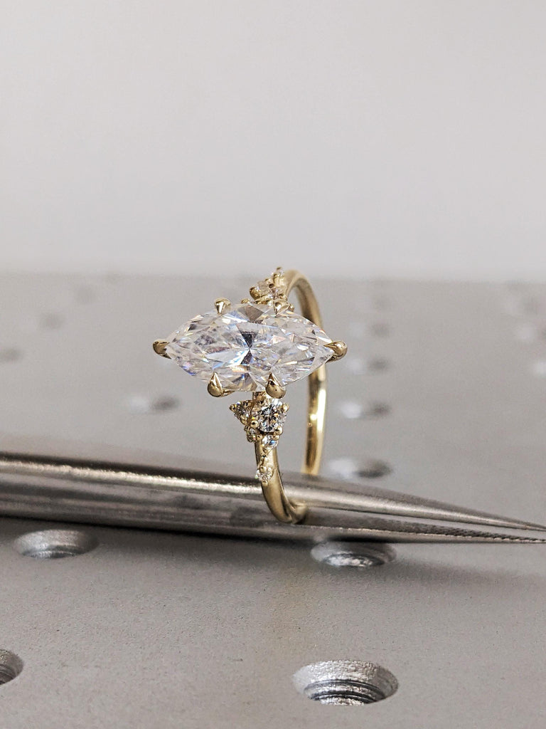 Modern Marquise Cut Moissanite Engagement Ring, 14K Solid Gold Cluster Diamond Ring, Snowdrift Talon Prong Wedding Band image #6