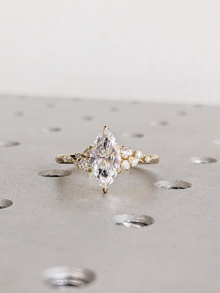 Modern Marquise Cut Moissanite Engagement Ring, 14K Solid Gold Cluster Diamond Ring, Snowdrift Talon Prong Wedding Band image #5