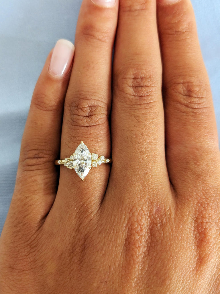 Modern Marquise Cut Moissanite Engagement Ring, 14K Solid Gold Cluster Diamond Ring, Snowdrift Talon Prong Wedding Band image #8