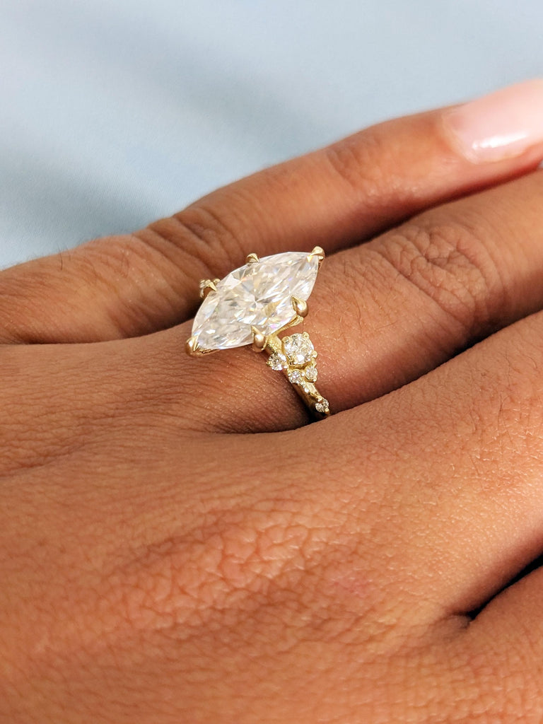 Art Deco Lab Diamond Marquise Cut Engagement Ring, 14K Gold Snowdrift Diamond Wedding Band, White Cluster Diamond, Proposal Ring For Her image #3
