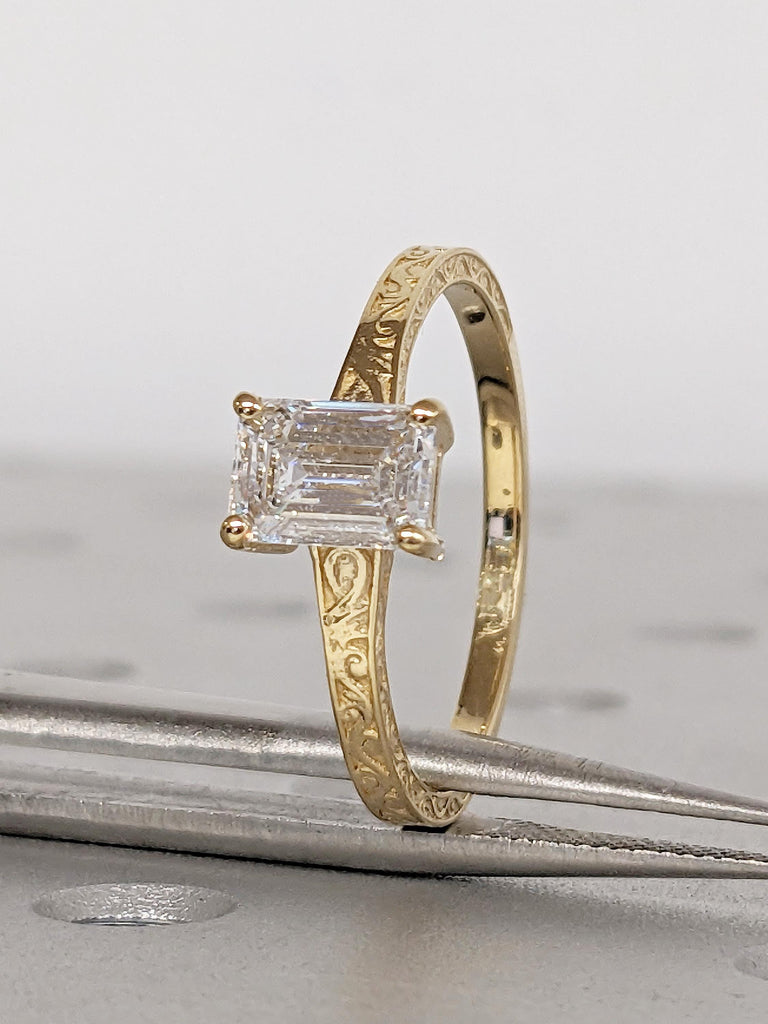Emerald Cut Moissanite Ring, Vintage Engagement Ring, 18k Solid Gold Solitaire Rings, Classic Filigree Hand Carved Promise Ring for Her image #7