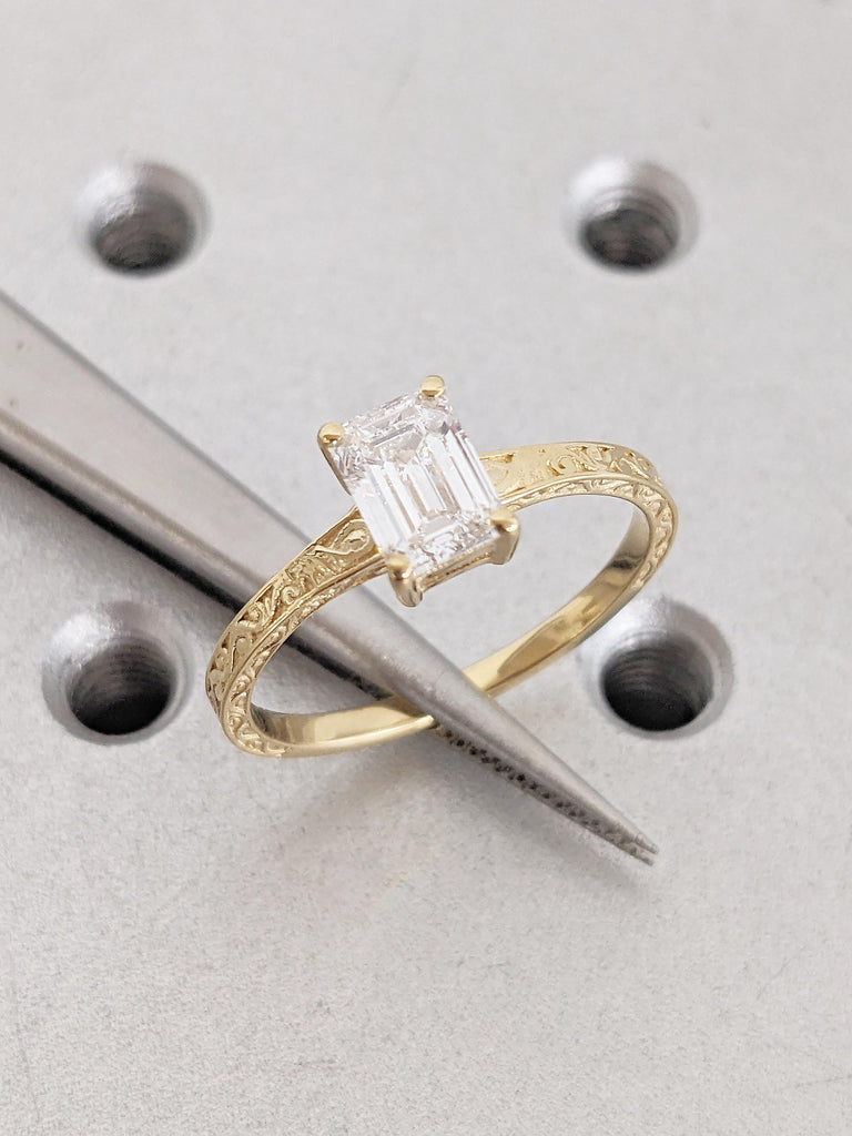 Emerald Cut Moissanite Ring, Vintage Engagement Ring, 18k Solid Gold Solitaire Rings, Classic Filigree Hand Carved Promise Ring for Her image #9