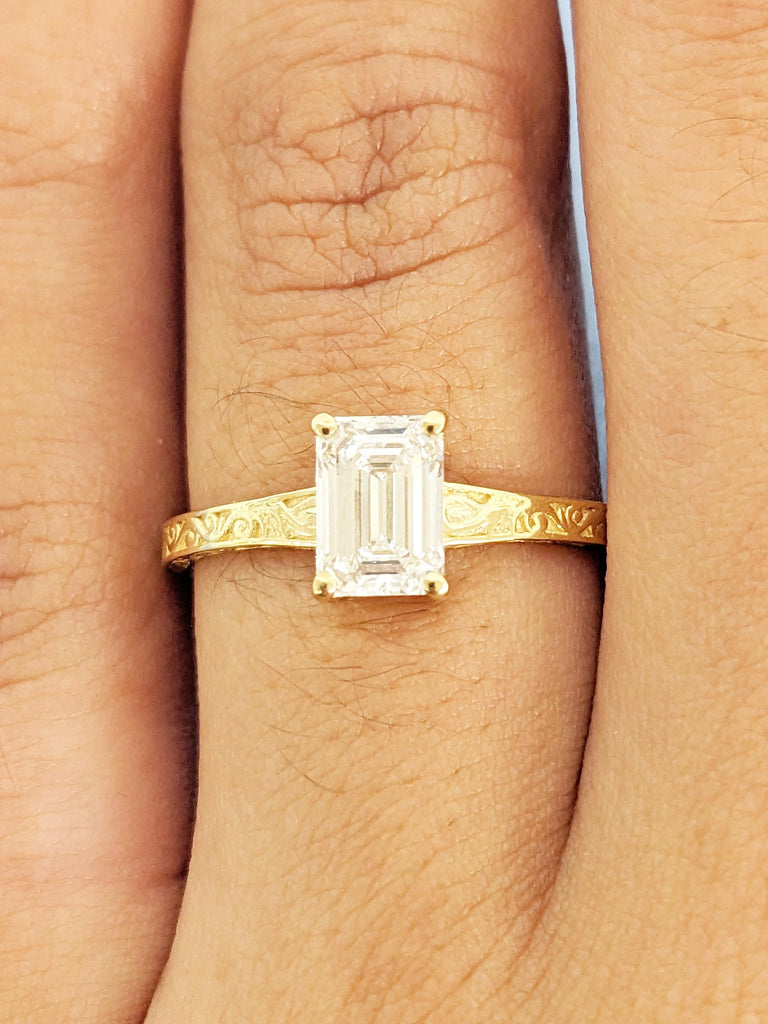 Emerald Cut Moissanite Ring, Vintage Engagement Ring, 18k Solid Gold Solitaire Rings, Classic Filigree Hand Carved Promise Ring for Her image #6