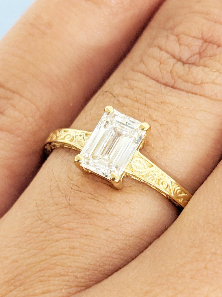 Emerald Cut Moissanite Ring, Vintage Engagement Ring, 18k Solid Gold Solitaire Rings, Classic Filigree Hand Carved Promise Ring for Her image #2