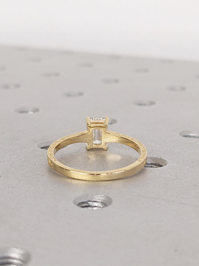 Emerald Cut Moissanite Ring, Vintage Engagement Ring, 18k Solid Gold Solitaire Rings, Classic Filigree Hand Carved Promise Ring for Her image #3