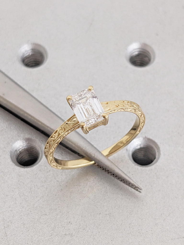 Emerald Cut Moissanite Ring, Vintage Engagement Ring, 18k Solid Gold Solitaire Rings, Classic Filigree Hand Carved Promise Ring for Her image #11