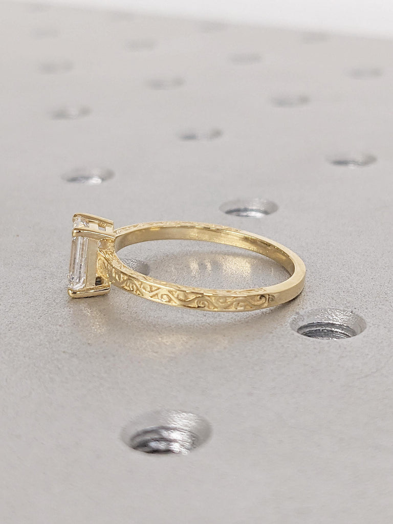 Emerald Cut Moissanite Ring, Vintage Engagement Ring, 18k Solid Gold Solitaire Rings, Classic Filigree Hand Carved Promise Ring for Her image #4