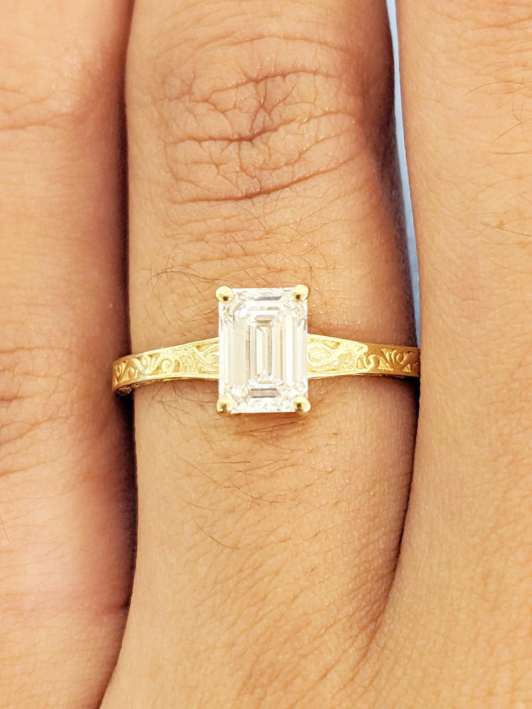 Emerald Cut Lab Grown Diamond Engagement Ring, Filigree 18k Yellow Gold Rings for Women, Solitaire Diamond Ring, Unique Wedding Jewelry image #7