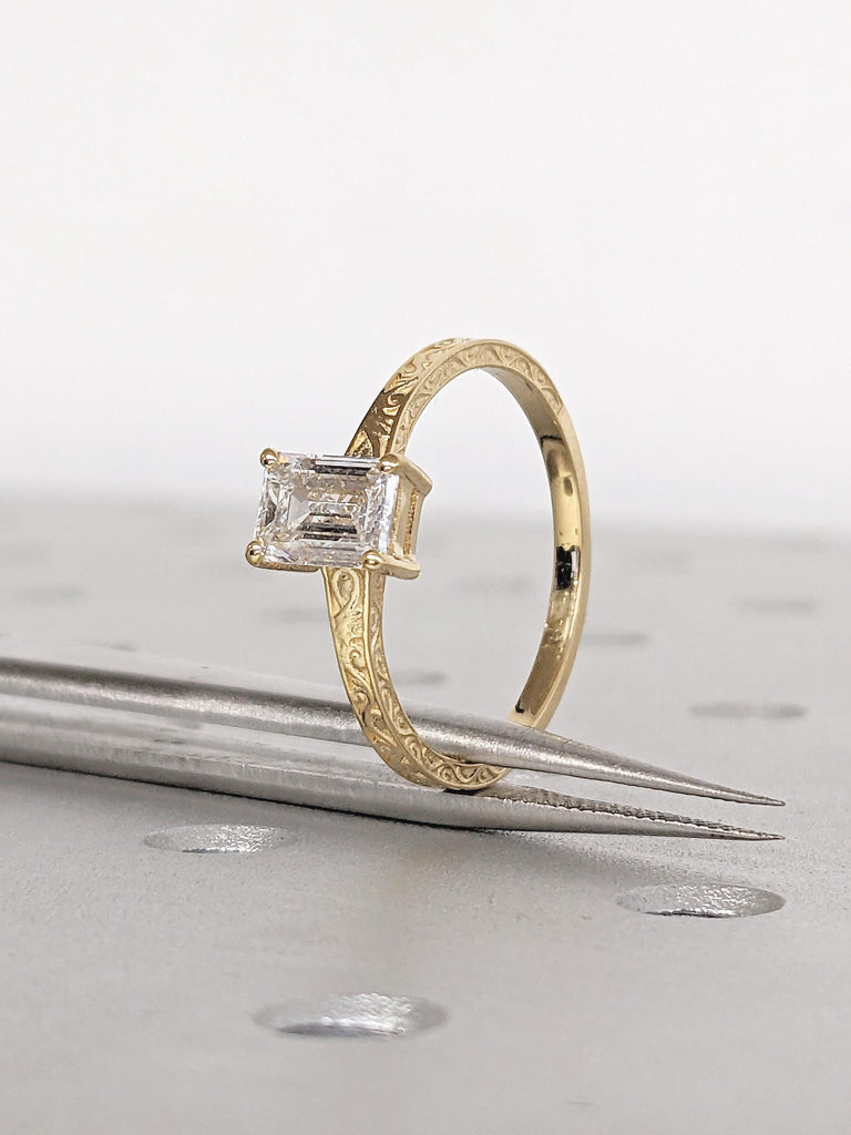 Emerald Cut Lab Grown Diamond Engagement Ring, Filigree 18k Yellow Gold Rings for Women, Solitaire Diamond Ring, Unique Wedding Jewelry image #3