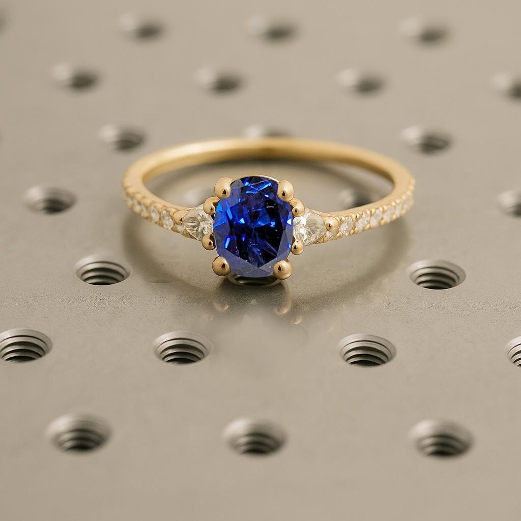 Oval Blue Sapphire Engagement Ring, 14k Yellow Gold Promise Ring for Her
