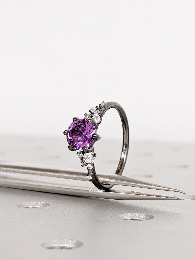 Alexandrite Engagement Ring, 14K Black Gold Round Cut Purple Lab Alexandrite, Snowdrift Diamond Cluster