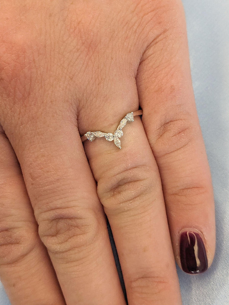 Solid Gold or Platinum Curve Wedding Ring: Marquise and Round cut Diamond, Lab Diamond or Moissanite, Prong Setting image #8