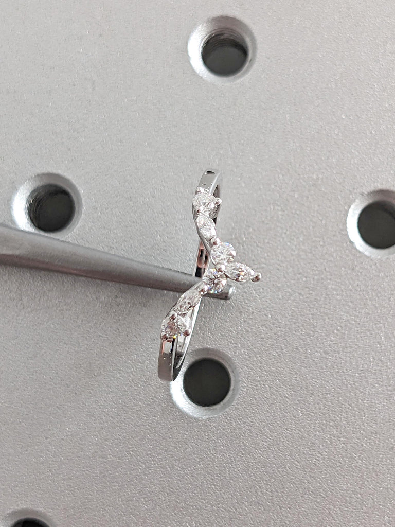 Solid Gold or Platinum Curve Wedding Ring: Marquise and Round cut Diamond, Lab Diamond or Moissanite, Prong Setting image #7