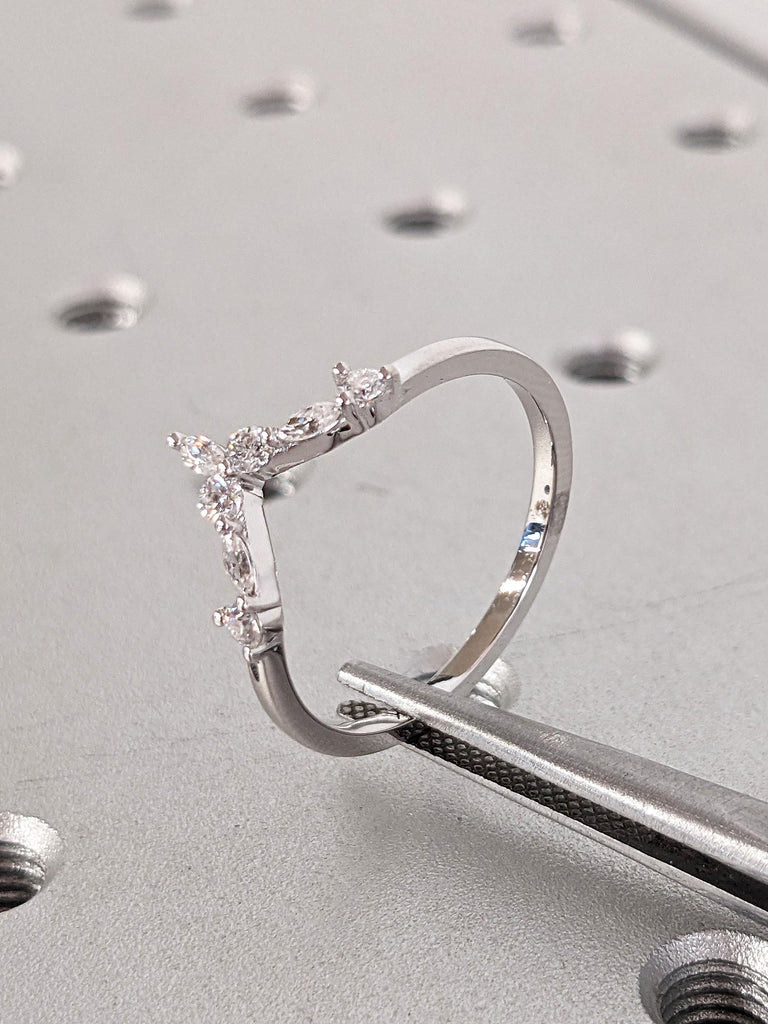 Solid Gold or Platinum Curve Wedding Ring: Marquise and Round cut Diamond, Lab Diamond or Moissanite, Prong Setting image #4