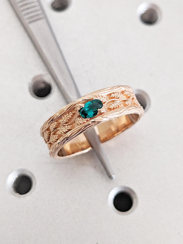 Leaf Engraved Gold Ring, 7mm Men's Wedding Band, Oval Green Birthstone Ring image #2