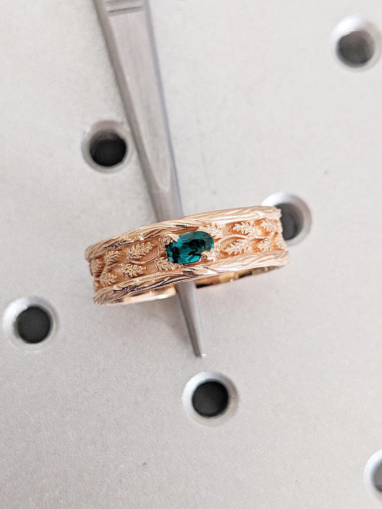 Leaf Engraved Gold Ring, 7mm Men's Wedding Band, Oval Green Birthstone Ring image #7