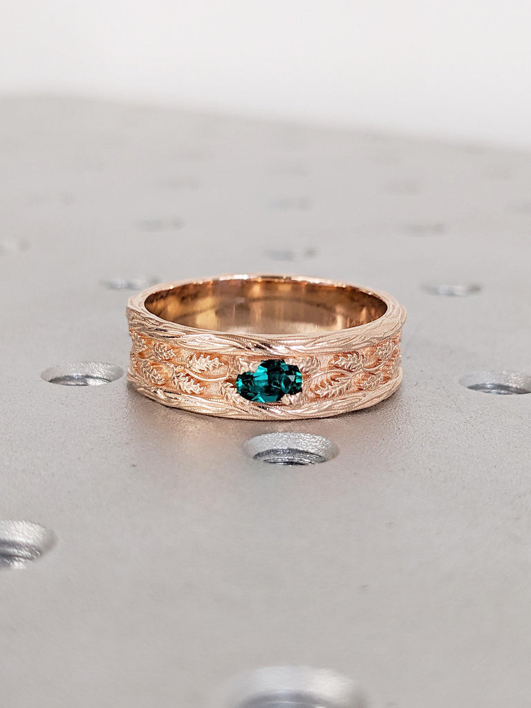 Leaf Engraved Gold Ring, 7mm Men's Wedding Band, Oval Green Birthstone Ring image #9