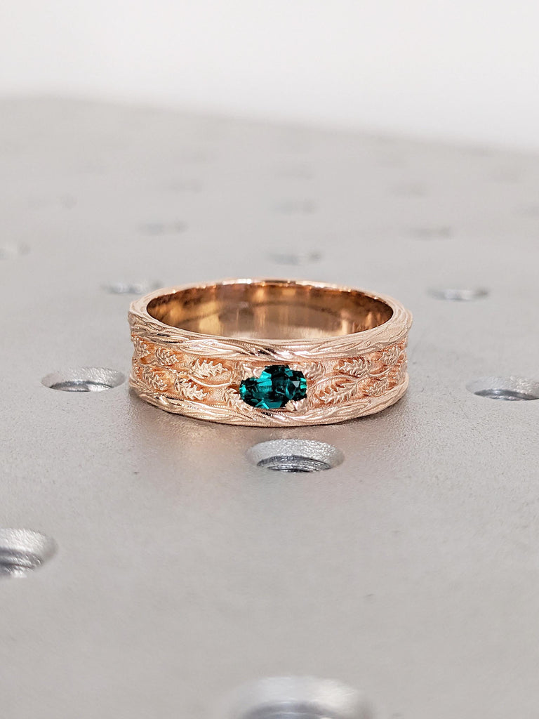 Vintage 14k Rose Gold Men Wedding Band, Art Deco Rings for Men, Oval Lab Emerald Men's Wedding Ring, Nature Inspired Ring, Gemstone Ring image #9